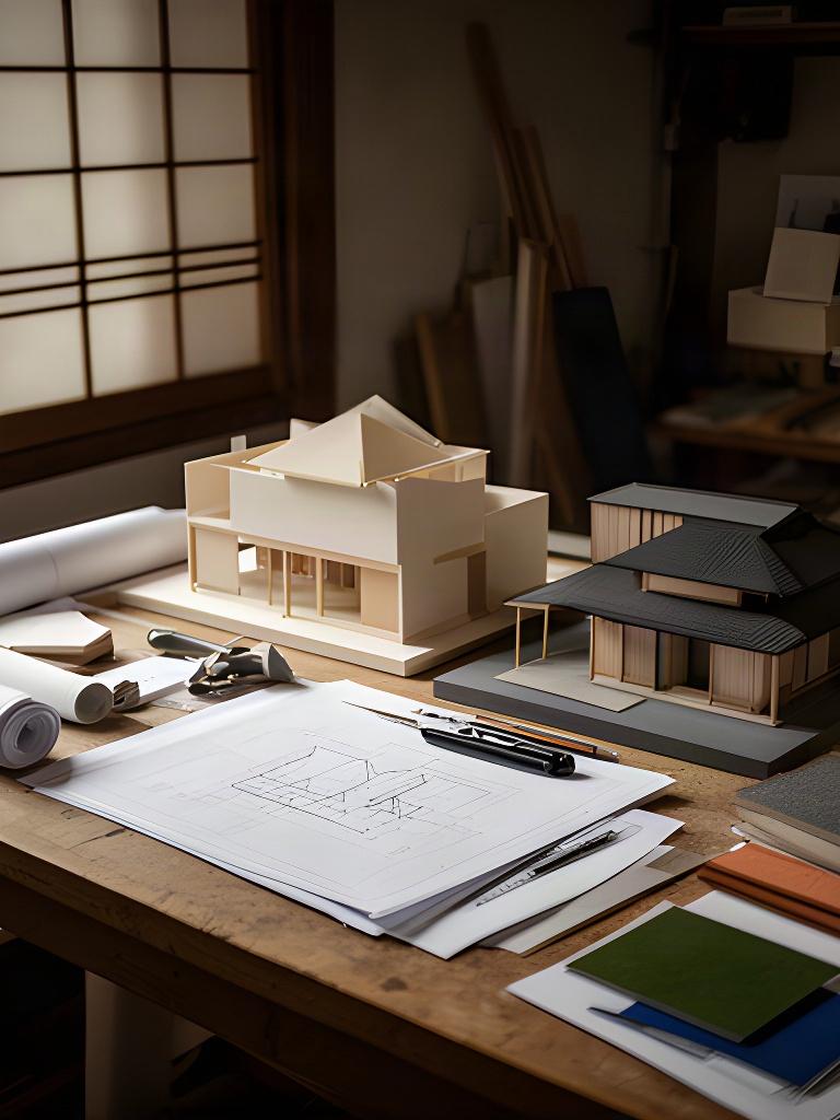大阪の上博労町筋にある建築設計事務所のアトリエ、木製模型と図面が並ぶ作業台